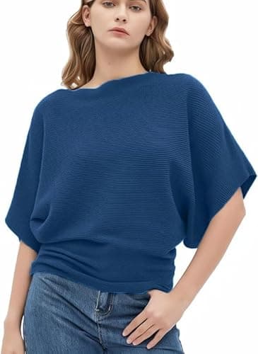 Zilcon Woman Fashion Ribbed Batwing Sleeves Bagy Balloon Style Fit Tops for Women Women Formal, Casual, Office, Date, Outing, Party Tops (in, Alpha, XL, Regular, Indigo Dye Blue)