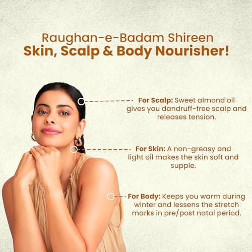 Hamdard Raughan-E-Badam SHIREEN Sweet Almond Oil for Body, Skin & Hair | 100ml | Natural Almond Oil | Helps Enhance Memory | Helps Relieve Constipation | Helps Build Stronger Muscles | Pack of 1 4