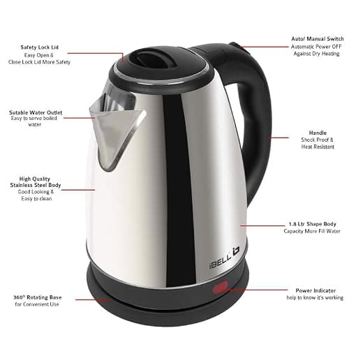 IBELL Electric Kettle 1.8L, 1800W, 2-Year Warranty, Stainless Steel, Auto Shut-Off, Cool-touch Handle, Wide Mouth For Easy Cleaning, Single-Touch Lid Lock, Kettle for Home, Office (Silver) 5