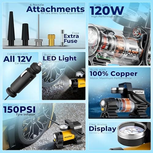 Woscher 100% Copper Motor Tyre Inflator for Car Air Pump for Car Tyres| 12V DC Superfast Inflation 150 psi | Strong Metal Body with Emergency LED Light,Heavy Duty Zipper Bag | 1 Yrs Warranty (678) 2