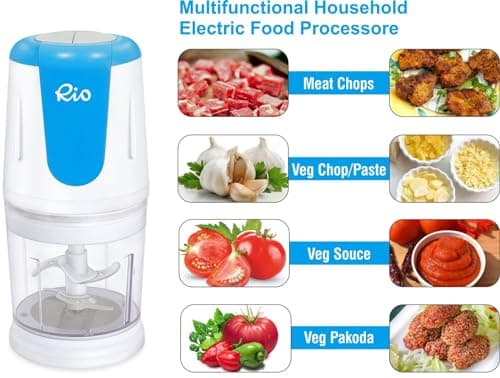 Rio Electric Chopper For Kitchen - 250 Watts Double Speed, Copper Motor, 700 ML Capacity To Chop, Blend, Dice, Grind, Mince, Mini Food Processor Vegetables Chopper, Four Stainless Steel Blade(Blue) 2