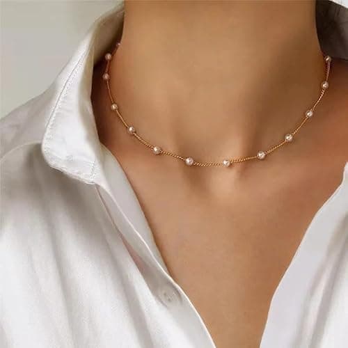 SASHAA Gold Plated Pearl Beaded Choker Necklace for Women & Girls | Minimalist Pearl Chain Necklace | Elegant Short Layer Necklace | Trendy Fashion Jewellery for Party & Gifts