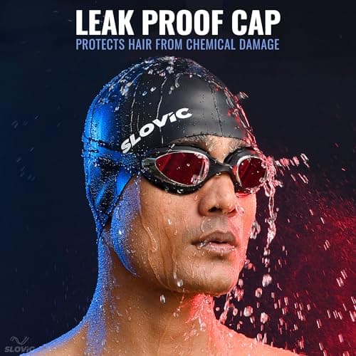 Slovic Swimming Cap for Men & Women [Black] | Swimming Caps for Women with Long Hair | Swimming Accessories for Men & Women | Unisex & Waterproof Silicon Cap to Prevent Chemical Damage | Free Size 3
