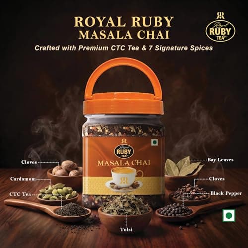 ROYAL RUBY TEA Masala Tea 250g | 100% Assam CTC Blend with Real Indian Spices | Enriched with Cardamom Ginger Cloves Bay Leaf Tulsi Nutmeg & Black Pepper | Refreshing | All Natural | No preservatives  4