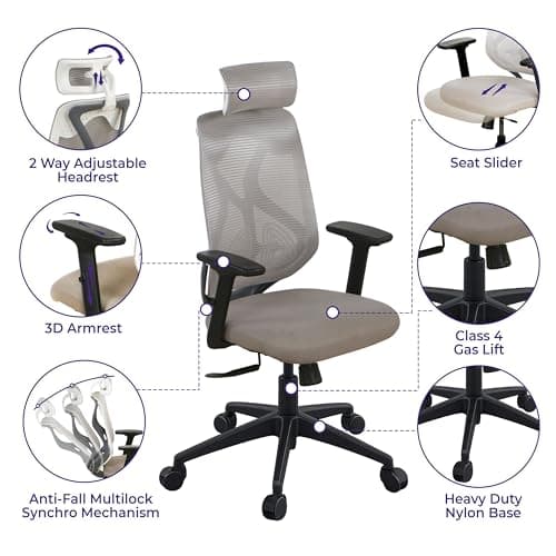 Wakefit Gravita Ergonomic Office Chair for Work | 3 Year Warranty | Multi-Lock Seat Slider and Recline | Soft Armrest with 3D Adjustability| Strong Nylon Base | 8+ Hours of Comfort| White and Grey 5