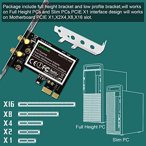 LinksTek Wireless N 600Mbps (2.4GHz 300Mbps and 5GHz 300Mbps) PCI-E Wi-Fi Adapter-PCIE Wi-Fi Card-Wireless Network Adapter for Windows 10 8.1 8 7 XP and Windows Server (32/64bit) PCs (PCIE-N600) 5