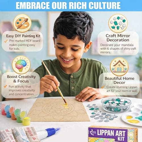 Asian Hobby Crafts Lippan Art Kit | Painting & Coloring Art Kit | DIY Wall Decoration Set with 3 MDF Bases 8 inch, Paints, Craft Mirrors, Clay Traditional Painting Art Set for Kids and Adults 4