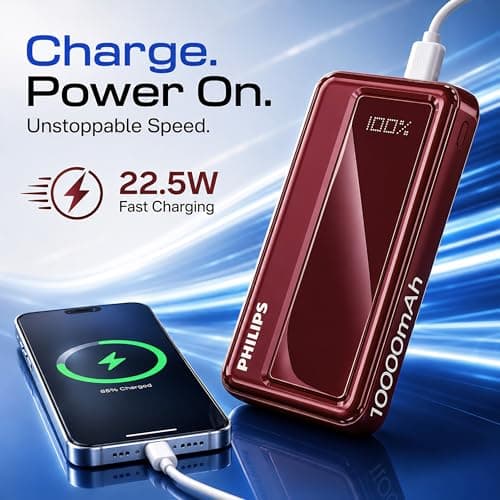 Philips 10000mAh 22.5W Fast Charging Power Bank (Iron Red) with Digital LED Display | Type-C & USB-A Input/Output | 3 Output Ports | Lithium Polymer Battery | Portable for Mobile, Tablet & Earbuds 5