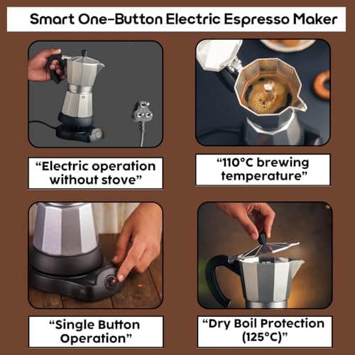 InstaCuppa Electric Moka Pot Coffee Maker, One-button Auto Espresso Machine 300ml, Safe Auto-Shutoff, Perfect for Busy Indian Moms, 6 Cups Capacity, Silver 2