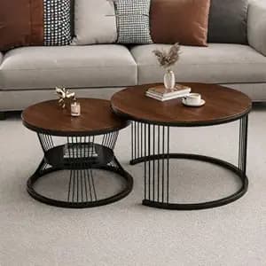 Brown Art SHOPPEE Round Coffee Table Home Décor Furniture Coffee Table Sets,2 Piece MDF Top,Stacking Nesting Table with Iron Frame for Living Room Living Room or Lounge (Black Brown)