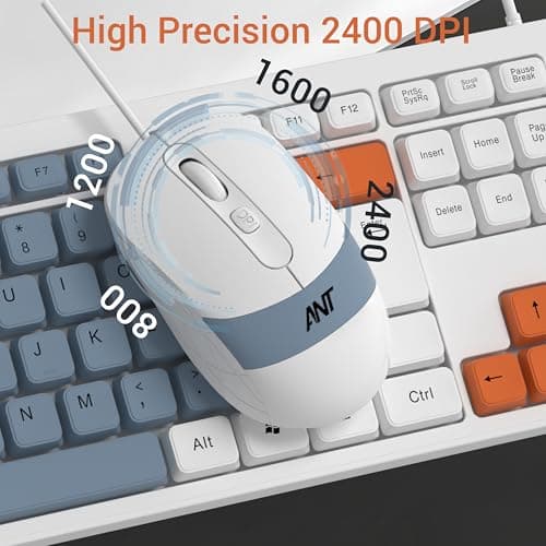 Ant MASTER 20 Wired Combo Keyboard & Mouse Set | 104 Key Membrane Keyboard 5 Million Keystroke Life | 2400 DPI Adjustable Mouse 1 Million Clicks | USB Plug & Play | Windows/Mac/Linux-White Grey Orange 3