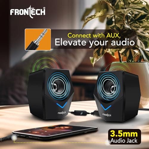FRONTECH 2.0 Multimedia Speakers: 10W USB-Powered PC/Laptop/Mobile Speakers with 3.5mm AUX & Blue LED Lighting. (SPK-0011) 4