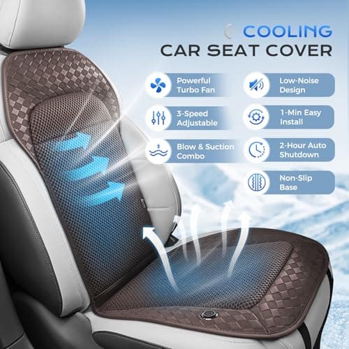 Coverado Summer Cooling Car Seat Cushion, 12V-24V Dual Blowing & Suction Ventilated Pad with 8 Turbo Fans, 3-Speed Adjustable Universal Fit for Hot Weather Car, SUV, Truck & Van-Brown 3