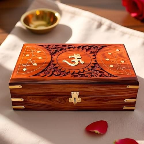 RGrandsons Handmade Wooden Jewellery Box for Women Jewel Organizer Hand Carved with Intricate Carvings Gift Items - Om Design (Size: 6.0x4.0_) ॐ()