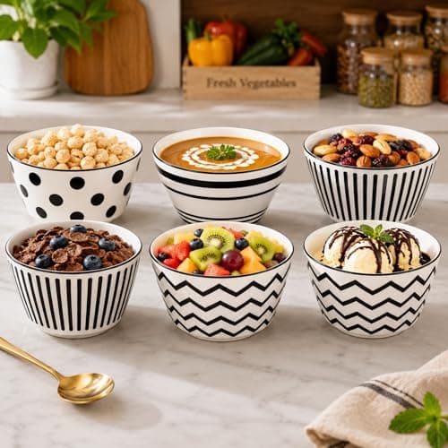 ONICORN Premium Ceramic Bowls Set of 6 | 400ml Black & White Geometric Bowls | Dishwasher Safe & Microwave Safe Ceramic Bowls | Soup, Rice & Cereal Bowls | Assorted Style Patterns | 6 Piece 2