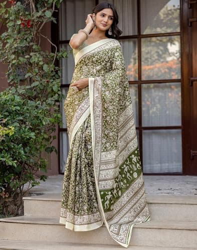 SIRIL Women's Khadi Printed Saree with Unstitched Blouse Piece (5212S736_Olive Green) 2