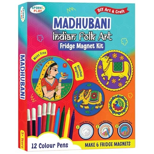 SparkLPlay DIY Madhubani Art Kit for Kids. Coloring Set with - 6 Magnetic Cutouts, 12Color Pens & Booklet. Creative Art & Craft. Mess Free. Gifts for Kids.