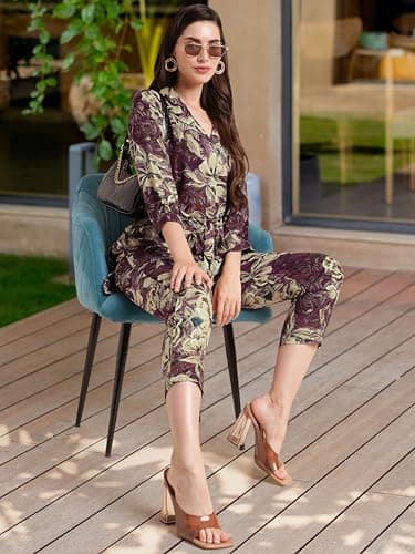 MIRCHI FASHION Women's Relax Fit Rayon Foil Work Floral Printed 2 Piece Kurta Co-Ord Set with Trouser (K10172-Wine, Beige-XL) 2