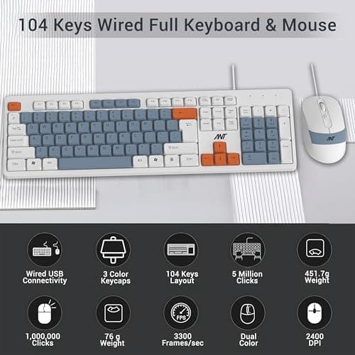 Ant MASTER 20 Wired Combo Keyboard & Mouse Set | 104 Key Membrane Keyboard 5 Million Keystroke Life | 2400 DPI Adjustable Mouse 1 Million Clicks | USB Plug & Play | Windows/Mac/Linux-White Grey Orange 2