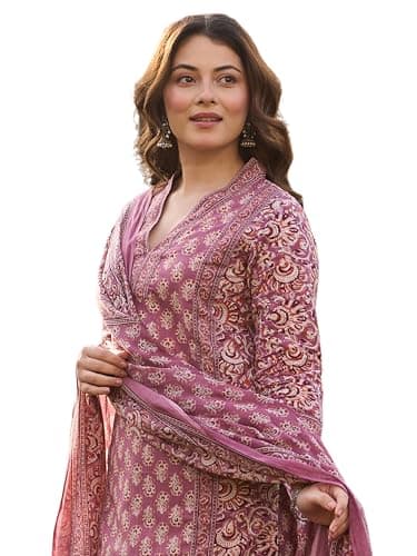 Arayna Women’s Cotton Printed Kurta Set with Pants & Dupatta | Elegant Ethnic Wear for Women | Floral Print | Comfortable Suit Set, Mauve Pink, X-Large