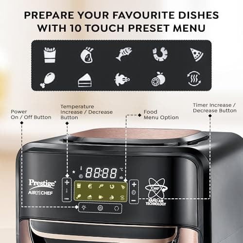 Prestige AirChef 12L Air Fryer Oven | 1800 Watts | 360° Rapid Air Technology | Multi-level Cooking | Rotisserie | 10 Preset Menu | 80% less Oil Consumption | Rose Gold | 1Y Warranty | ISI Certified 3