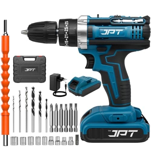 JPT 21V Heavy-Duty Impact Cordless Drill Machine | Max. 90N.M Torque | Max. 0-2000RPM Speed | 10MM Keyless Chuck | 25+3 Gears Setting | 2.0Ah Li-Ion Battery | 24Pcs Drill Accessories