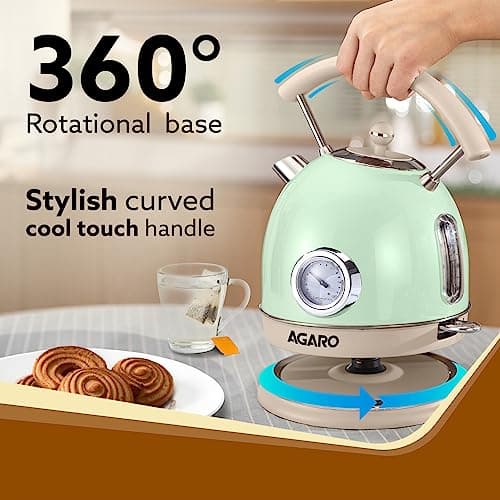 AGARO Regency Vintage Kettle 1.8L with Temperature Gauge, Hot Water Boiler & Tea Heater with Curved Handle, Visible Water Level Line, Led Light, Auto Shut-Off&Boil-Dry Protection,Green 4