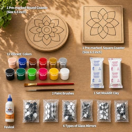 Mind Pilot Lippan Art Kit for Adults & Kids | DIY Mirror Art & Clay Wall Décor Kit – 2 Pre-Marked Coasters, Mouldit Clay, 150+ Mirror Pieces, 12 Colours | Make-Your-Own Home Décor & Craft | Birthday R 2