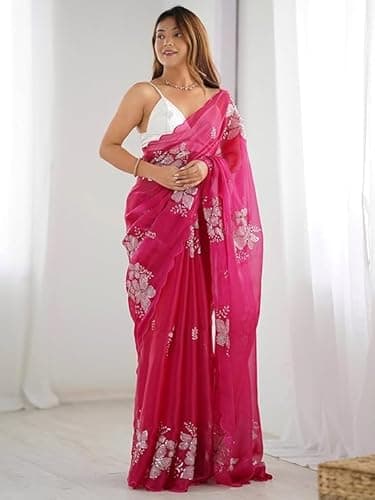 Flosive Women's Shimmer Organza Sequence Embroidery Saree With Unstitched Blouse Piece (RANI PINK) 4