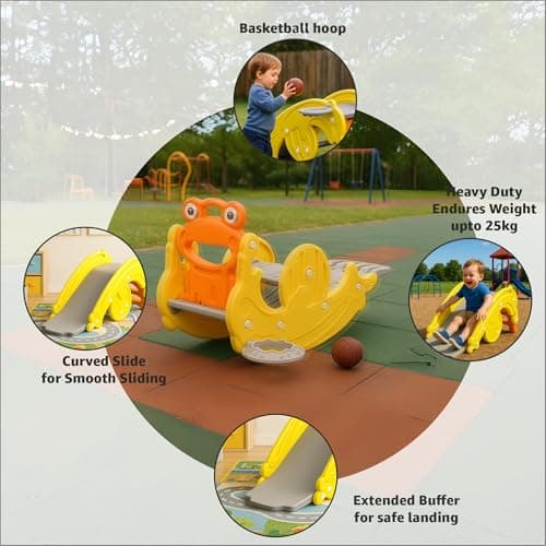 Amazon Brand - Jam & Honey 3 in 1 Frog Foldable Slide, Baby Slide with Rocker & Basketball | with Ball | Foldable Freestanding Indoor & Outdoor Slides| Rideon & Rocker, Multicolor, 18+ Months 5