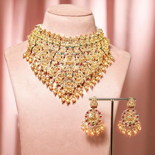 Rubans 22K Gold-Plated Red, Green & White Stone Lakshmi Motif Heavy Temple Jewellery Set for Women & Girls | Traditional Bridal Necklace Set | Brass Material 2