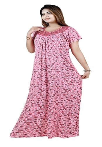 Bejod's Collection Pink Hosiery Nighty Maxi Gown for Women Front Button Open Style | Neckline Embroidery Soft Fabric Full Length Nighty | Plus Size Loose Fit Summer Nightwear L–XXL (Pink, L) 3