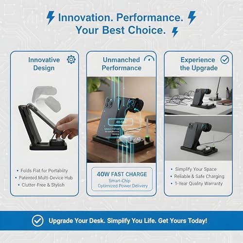 Navdevi 4 in 1 Foldable Wireless Charging Station, Fast Multi-Device Charging Stand 40W Compatible with iPhone, Apple Watch, AirPods, and Qi-Enabled Phones, Travel-Friendly Portable Power Dock (Black) 3