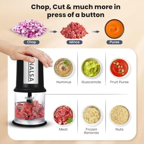 INALSA Electric Chopper Bullet-400 Watts with 100% Pure Copper Motor|Fast Chopping| Twin Blade Technology|0.5 l Capacity| One Touch Operation, 1.30mtr Long Power Cord,Black/Silver (Bullet) 2