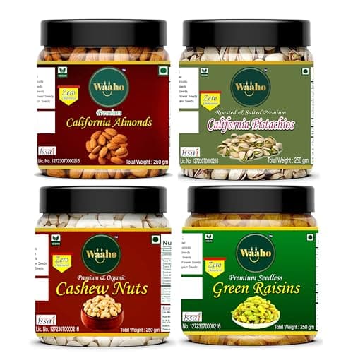WAAHO Dry Fruits Combo Pack- Raisins, Almonds, Roasted Pista, Cashews | Nutritious Healthy Snacks Ideal for Gifting, Festive Hampers, Family and Friends Treats | Reusable Jar (250g Each-Pack of 4)