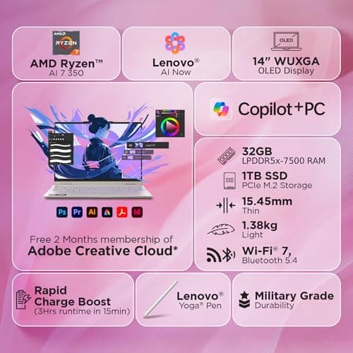 Lenovo Yoga 7 2-in-1 AMD Ryzen AI 7 350 (32GB RAM/1TB SSD/14 (35.5cm)/WUXGA OLED/50 Tops NPU/Copilot+ PC/Win 11/Office Home 2024+ Lenovo AI Now/Yoga Pen/Seashell/1.4Kg), 83JR009EIN Convertible Laptop 2