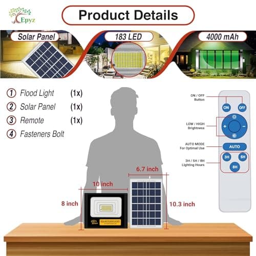 Epyz 50Watt Solar Flood Light Outdoor Waterproof with Remote Control for Home Automatic LED Lamp [ Pack of 1, Warm Yellow Light ] [ 4000mAh, 183LED ]-Light Power 50W - 4000mAh 5