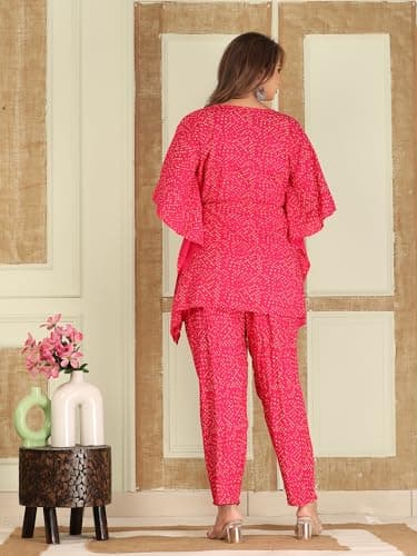 Aaheli Pink Bandhani Printed Maternity Kaftan Top & Pant Set | Soft Rayon Nursing Friendly Kurta Pant Co-Ord | V-Neck, Front Zip, Adjustable Drawstring, Comfortable Fit 5