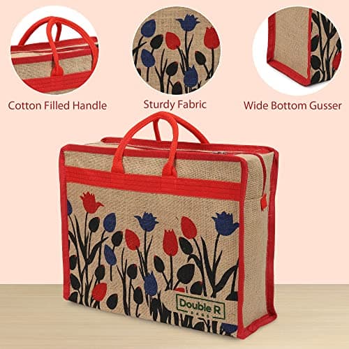 DOUBLE R BAGS Jute Eco-Friendly Tote Bag: Stylish, Spacious, and Sustainable - Perfect for Everyday Errands and Adventures! (Red Tulip, Pack of 3) 4