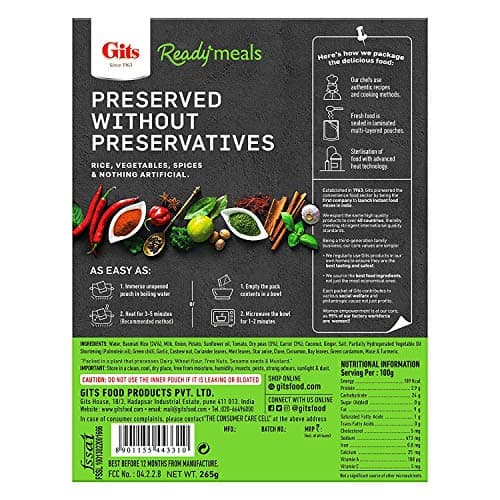 Gits Ready to Eat Rice Combo 1060g (Veg Biryani 265g X Pack of 2 + Masala Rice 265g + Veg Pulao 265g) 3
