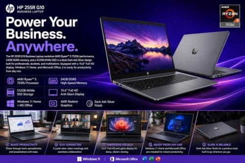 HP 255R G10 Business Laptop | AMD Ryzen 5 7535U | 15.6" FHD Display | 24GB DDR5 RAM | 512GB NVMe SSD | Windows 11 Home | MS Office | AMD Radeon Graphics | Dark Ash Silver | 1 Year Warranty 2