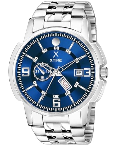 XTIME Analogue Day & Date Wrist Watch Round Blue Dial & Silver Stainless Steel Chain for Men's & Boys