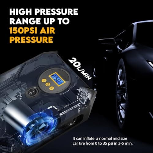 INSTAPLAY AIR Digital Tyre Inflator for Cars & Bikes | 150 PSI & 12V DC Portable Air Compressor Pump with LED Lights | Fast Inflation, Digital Pressure Gauge with Multiple Nozzle | Car Accessories 2