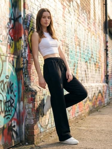BLINKIN Women's Wide Leg Track Pants | High Waist Cotton Lowers with Side Pockets | Full Length Activewear for Gym, Yoga, Workout & Dance (trk-519,Black,Size_3XL) 4