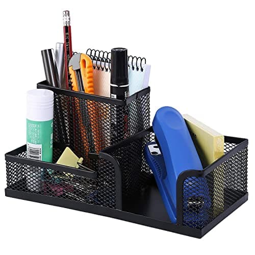 Rukshal enterprise Multi Compartment Metal Mesh Desk Organizer with Pen Holder File Sorter Storage TrayDurable Black Office Supply Organizer for Desk Accessories Stationery Notebooks