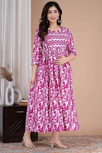 Murli Kurti Women Pure Cotton Regular Pure Cotton Floral Printed Gowns/Maternity Wear/Feeding Gown A-Line Maternity Feeding Dress Maternity Kurti Gown -(Purple-3XL) 4
