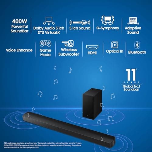 Samsung 400 W 5.1 ch Soundbar with Dolby Audio | DTS Virtual:X | Q-Symphony | Center Speaker | 3D Surround Sound | HDMI ARC | Optical in | Bluetooth | USB | Wireless Subwoofer (HW-B750F/XL, Black) 2