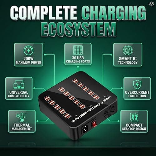 30-Port 200W USB Charging Station Desktop Hub – Fast Smart Multi-Device USB Charger for Phones & Tablets, High-Power Charging for Home, Hotel, School & Shop 4