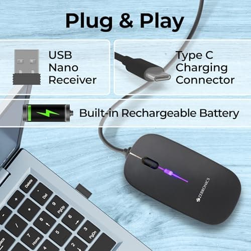 Zebronics Wireless Mouse, Dual Mode 2.4GHz + BT, Up to 1600 DPI, USB Nano Receiver, Lightweight Design, Multicolor LED Lights, Rechargeable Battery (Blanc, Grey) 5