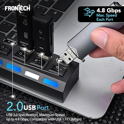 Frontech 4-Port USB Hub with Individual On/Off Switches, LED Indicators, 40 cm Cable, Optional Power Input Port, Plug-and-Play Multi-Device Connectivity, Backed with 1 Year Warranty 5